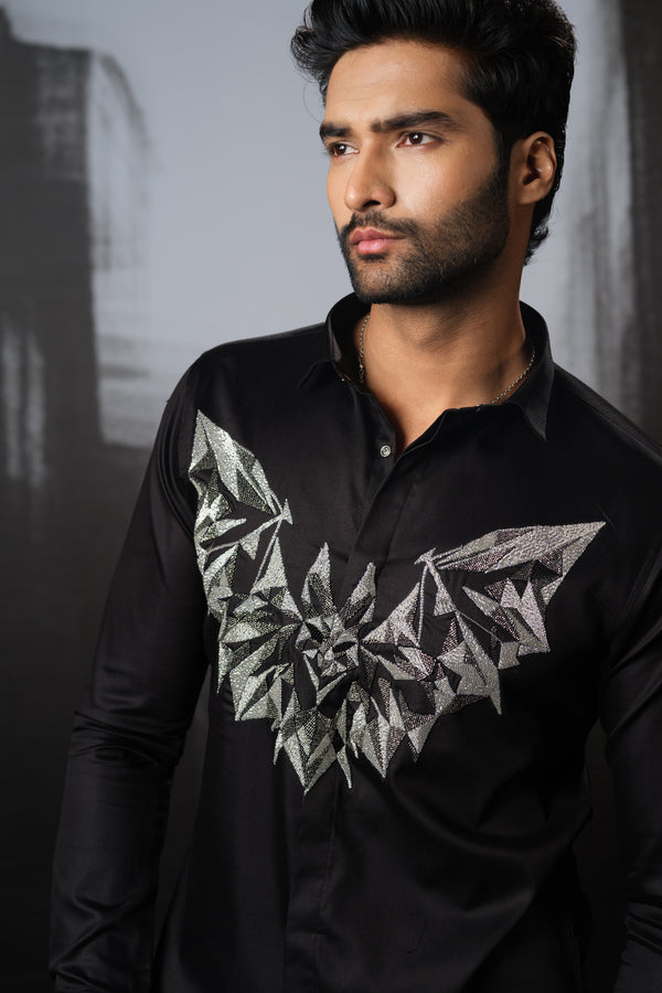 BLACK SHIRT WITH CUTDANA HAND EMBROIDERED 3D BAT