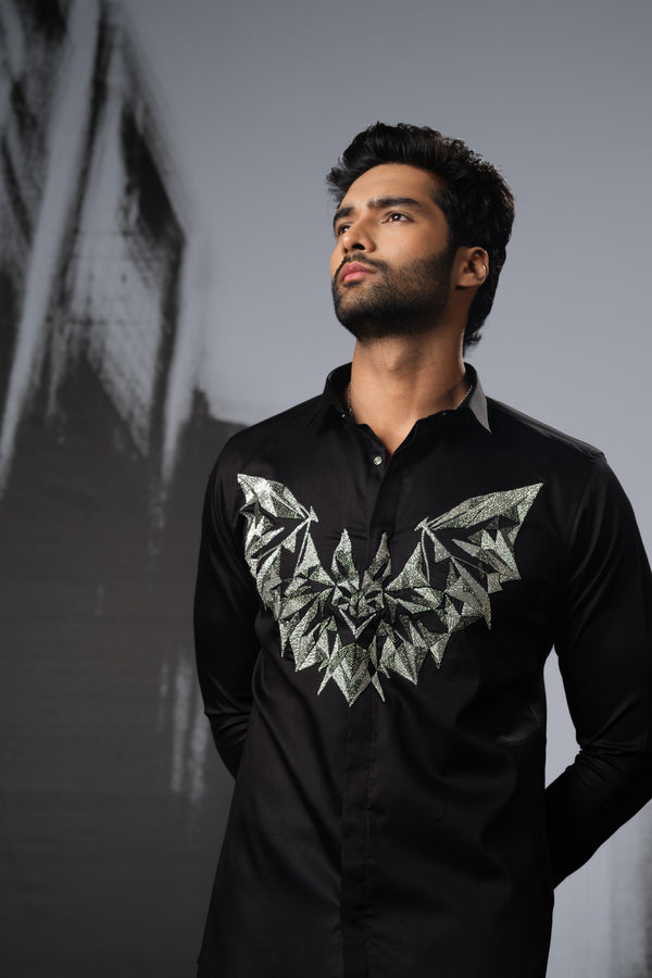 BLACK SHIRT WITH CUTDANA HAND EMBROIDERED 3D BAT