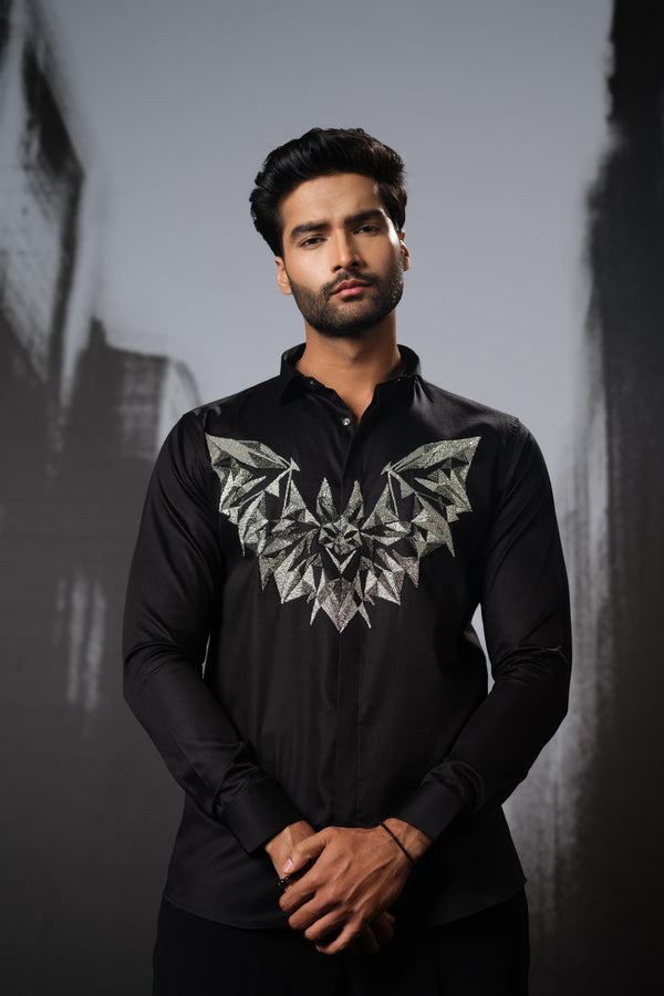 BLACK SHIRT WITH CUTDANA HAND EMBROIDERED 3D BAT