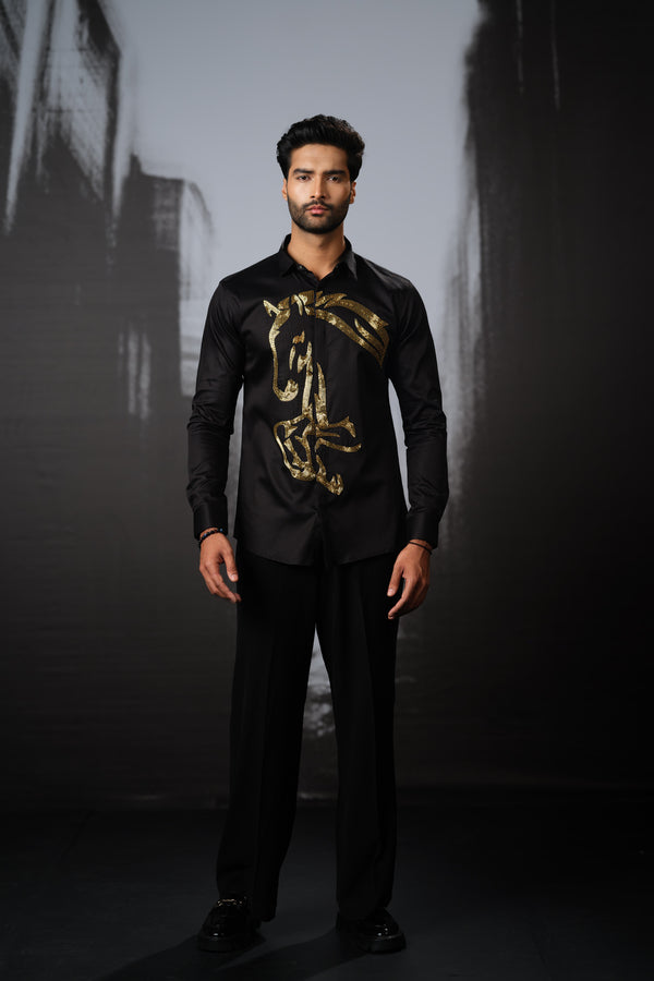 BLACK SHIRT WITH GOLD HAND EMBROIDERED RUNNING HORSE