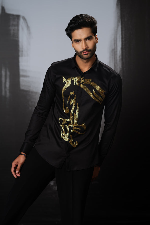 BLACK SHIRT WITH GOLD HAND EMBROIDERED RUNNING HORSE