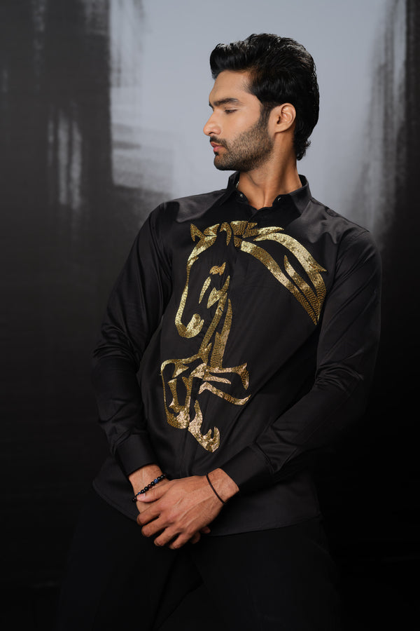 BLACK SHIRT WITH GOLD HAND EMBROIDERED RUNNING HORSE