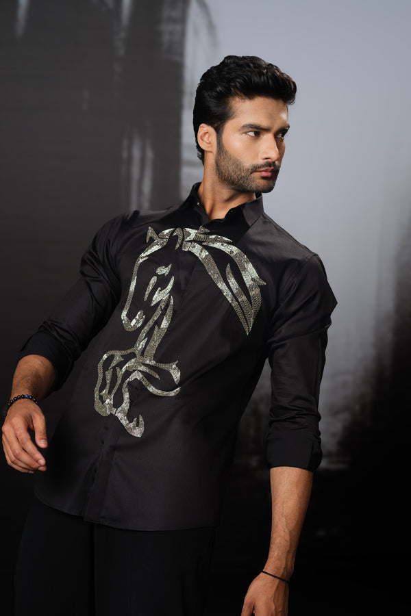 BLACK SHIRT WITH SILVER HAND EMBROIDERED RUNNING HORSE