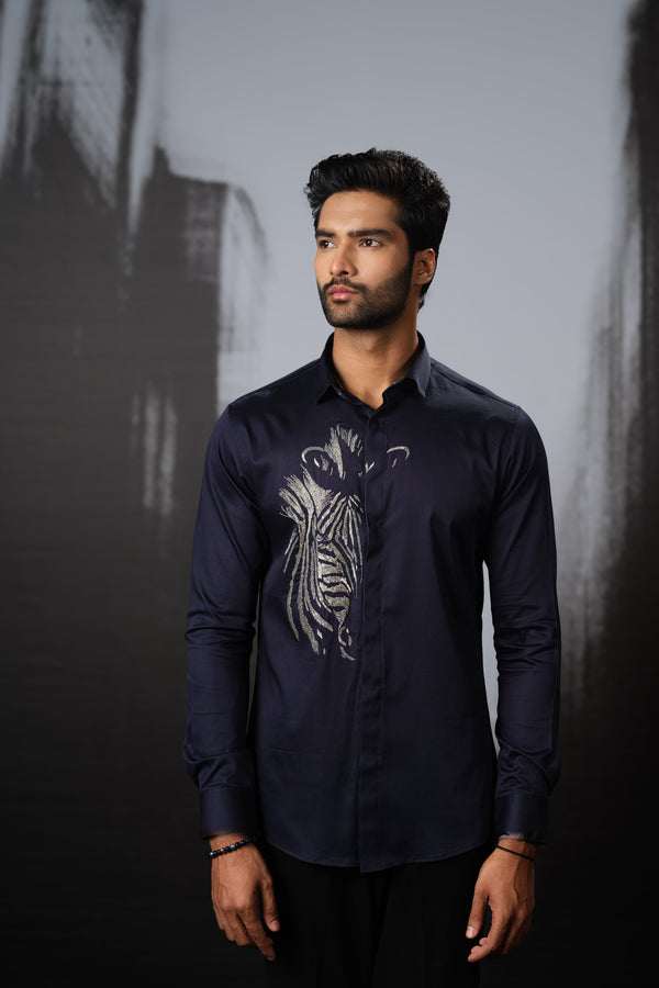 NAVY BLUE SHIRT WITH SILVER HAND EMBROIDERED ZEBRA FACE