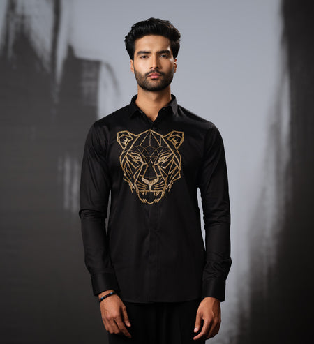 BLACK SHIRT WITH GOLD CUTDANA HAND EMBROIDERED BIG TIGER FACE