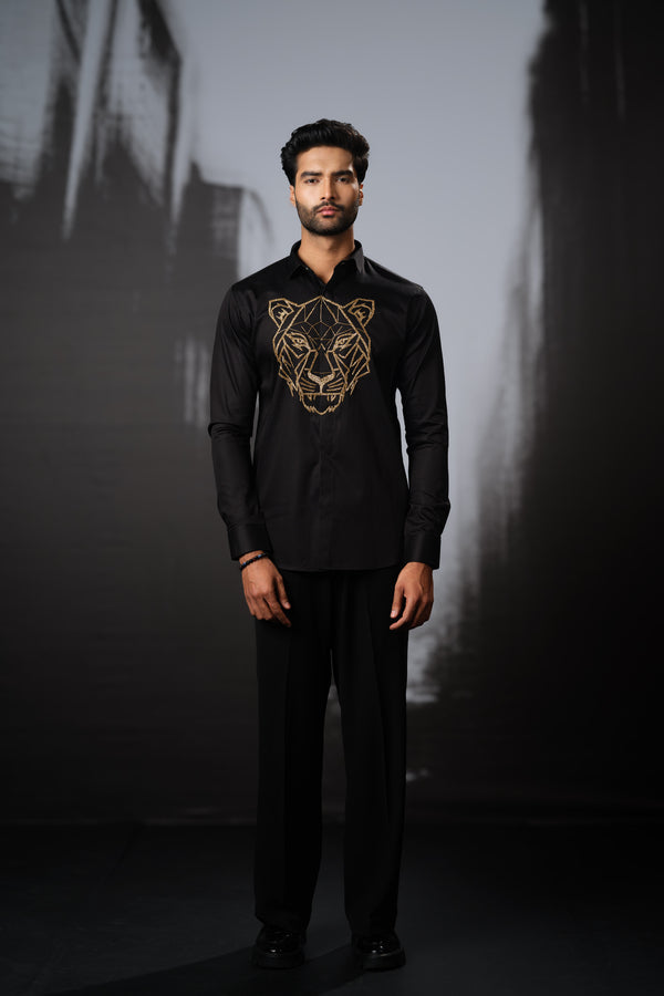 BLACK SHIRT WITH GOLD CUTDANA HAND EMBROIDERED BIG TIGER FACE