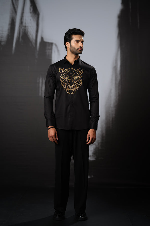 BLACK SHIRT WITH GOLD CUTDANA HAND EMBROIDERED BIG TIGER FACE