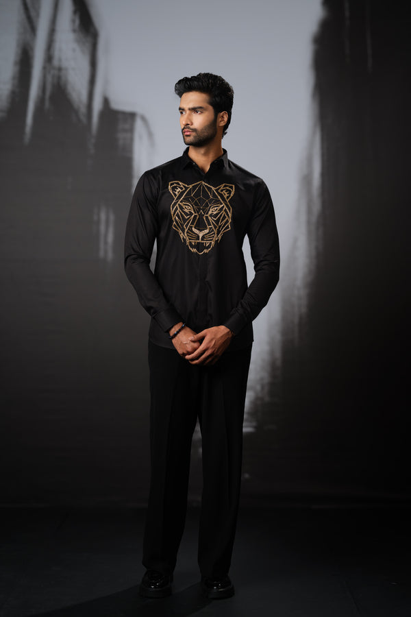 BLACK SHIRT WITH GOLD CUTDANA HAND EMBROIDERED BIG TIGER FACE