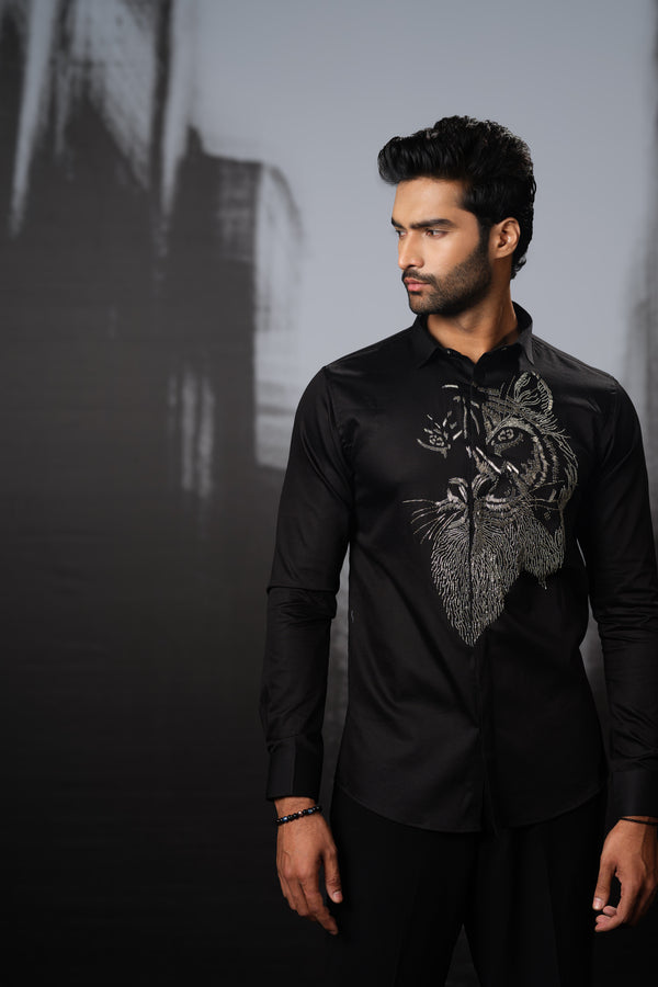 BLACK SHIRT WITH SILVER HAND EMBROIDERED LION FACE