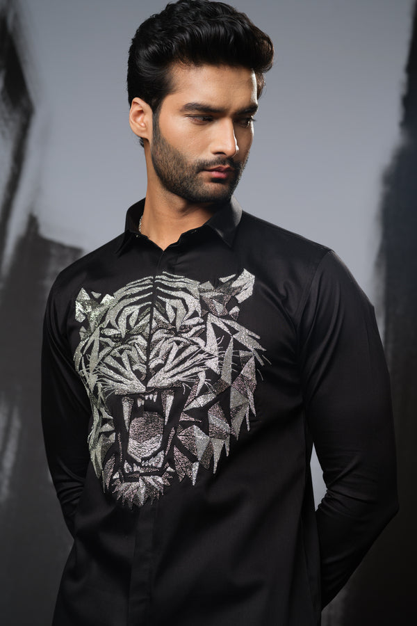 BLACK SHIRT WITH CUTDANA HAND EMBROIDERED 3D TIGER FACE