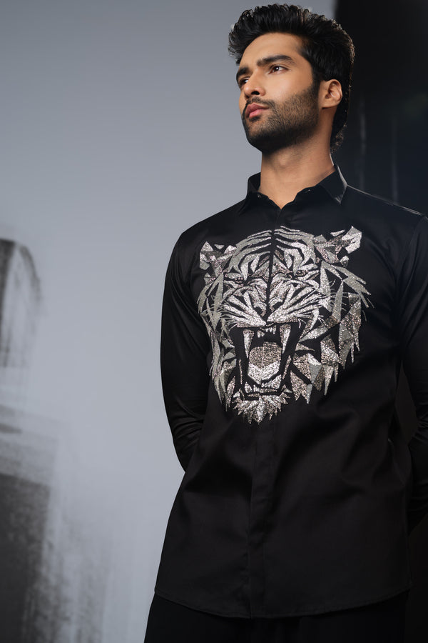 BLACK SHIRT WITH CUTDANA HAND EMBROIDERED 3D TIGER FACE