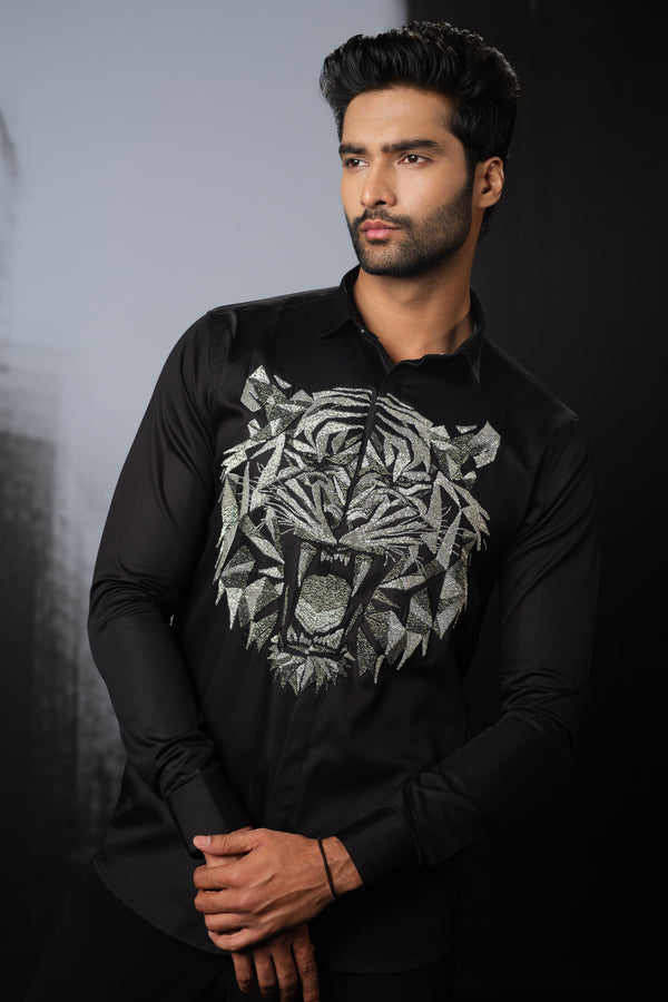 BLACK SHIRT WITH CUTDANA HAND EMBROIDERED 3D TIGER FACE