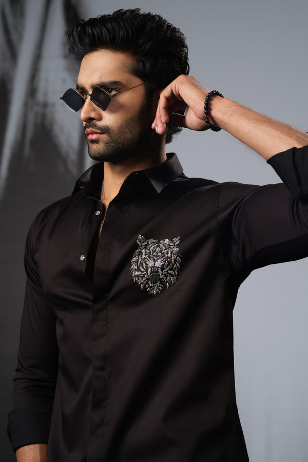 BLACK SHIRT WITH CUTDANA HAND EMBROIDERED 3D TIGER FACE POCKET SQUARE