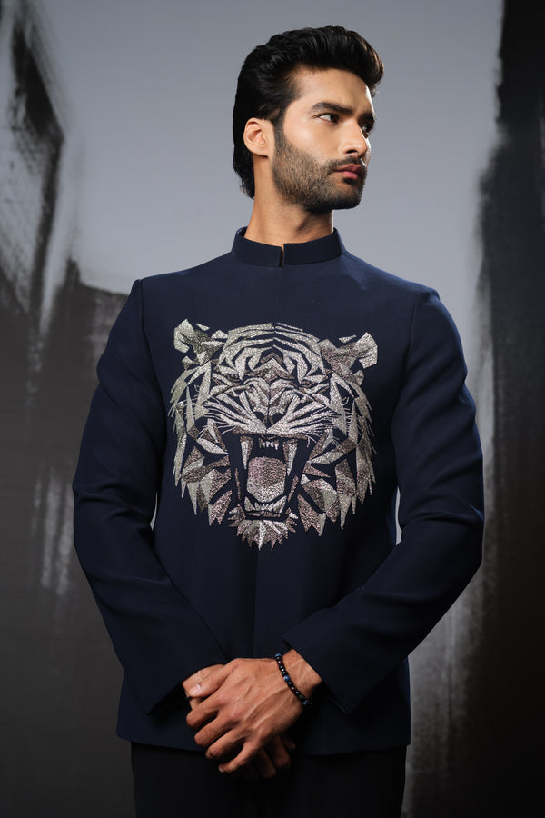 3D TIGER FACE ON NAVY BLUE BANDHGALA SET