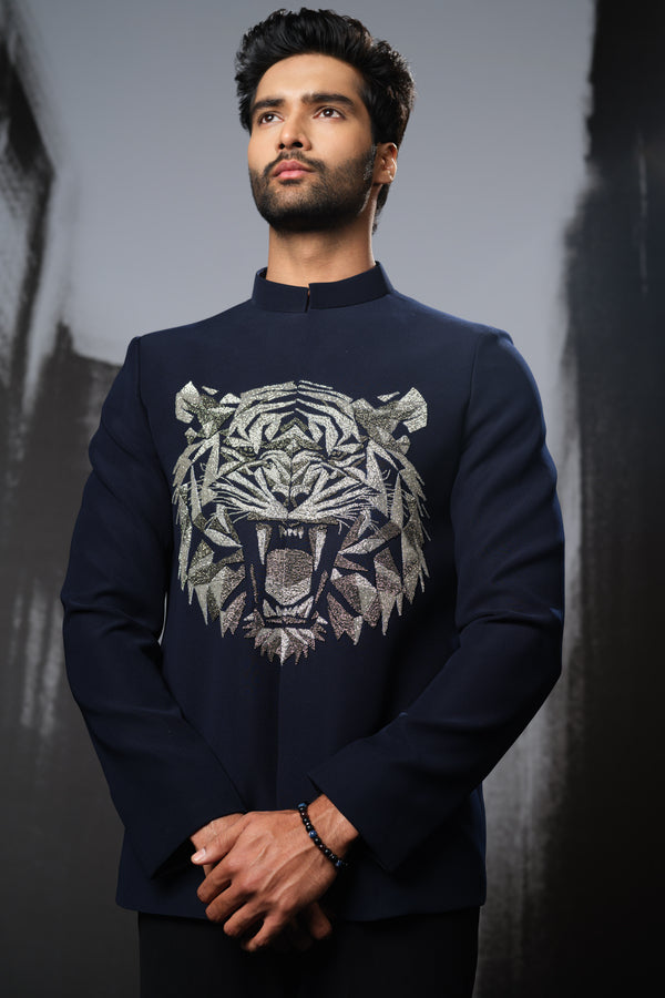 3D TIGER FACE ON NAVY BLUE BANDHGALA SET