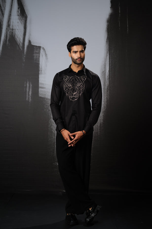 BLACK SHIRT WITH GUN METAL CUTDANA HAND EMBROIDERED TIGER FACE OUTLINE