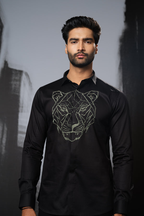 BLACK SHIRT WITH GUN METAL CUTDANA HAND EMBROIDERED TIGER FACE OUTLINE