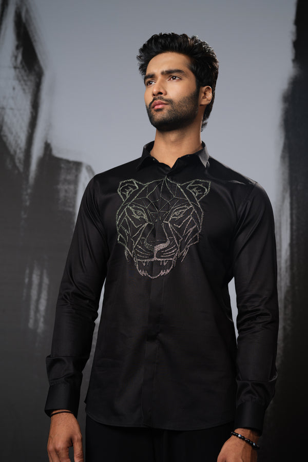 BLACK SHIRT WITH GUN METAL CUTDANA HAND EMBROIDERED TIGER FACE OUTLINE