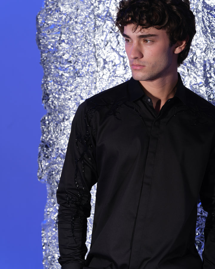 BLACK SHIRT WITH HAND EMBROIDERED BLACK GOTHIK ON SHOULDER AND SLEEVES