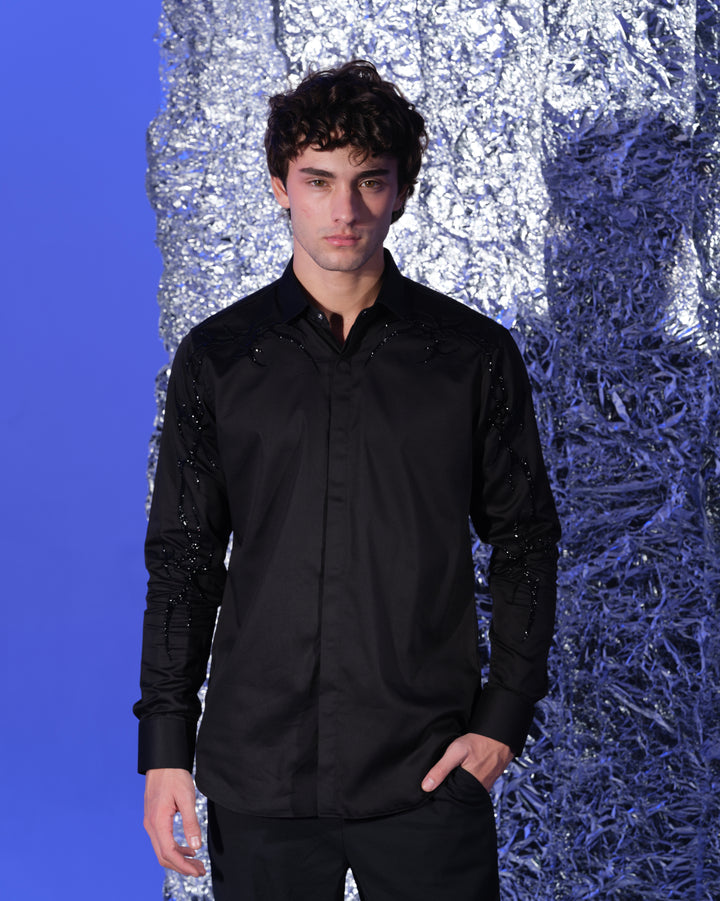 BLACK SHIRT WITH HAND EMBROIDERED BLACK GOTHIK ON SHOULDER AND SLEEVES