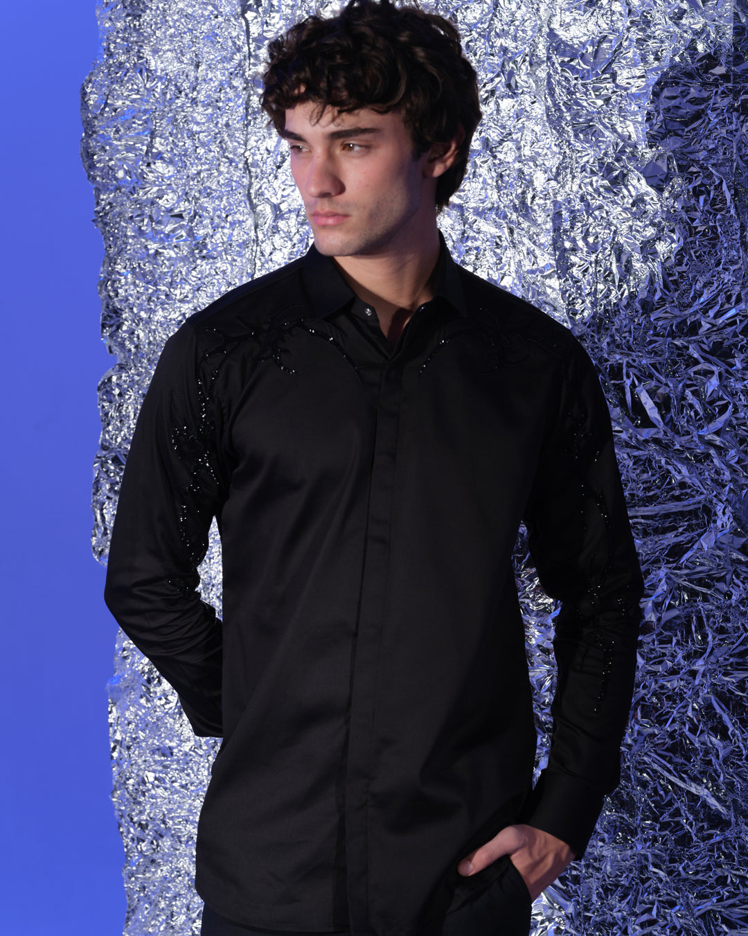 BLACK SHIRT WITH HAND EMBROIDERED BLACK GOTHIK ON SHOULDER AND SLEEVES