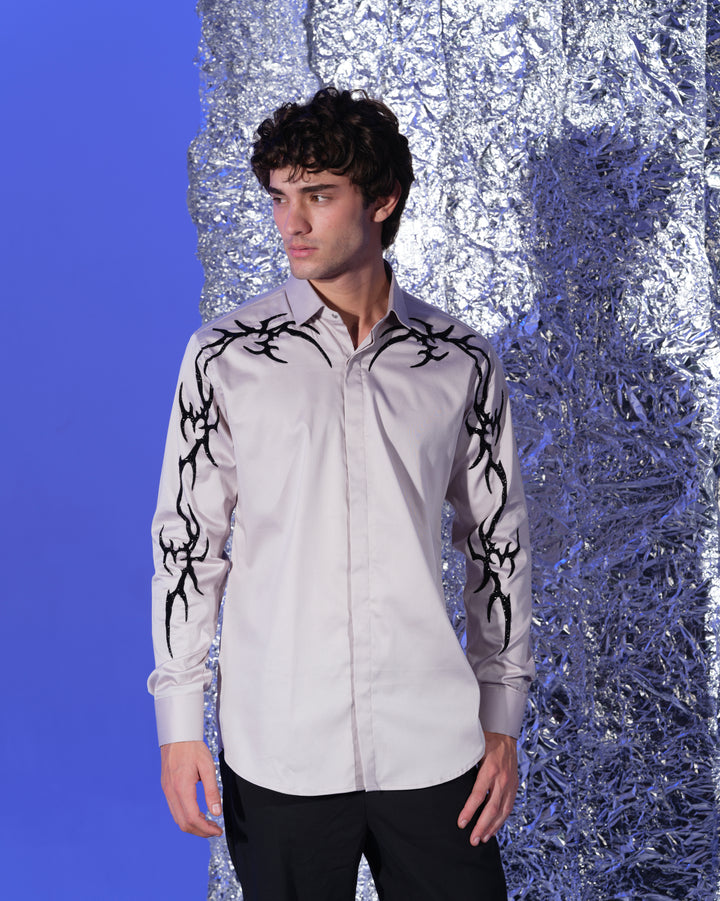 GREY SHIRT WITH HAND EMBROIDERED BLACK GOTHIK ON SHOULDER AND SLEEVES