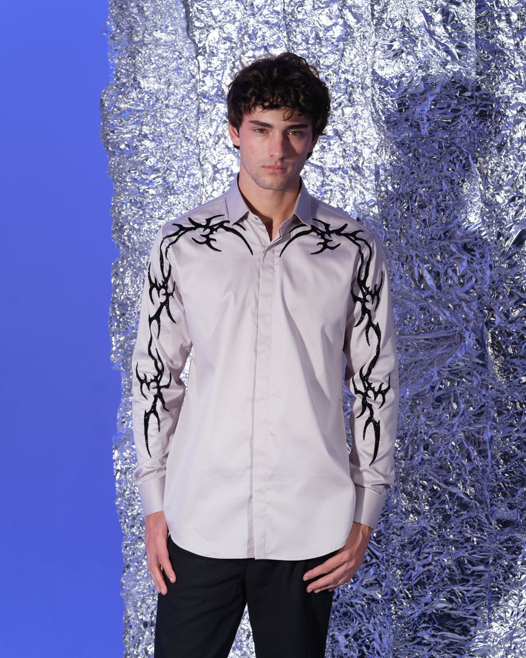 GREY SHIRT WITH HAND EMBROIDERED BLACK GOTHIK ON SHOULDER AND SLEEVES