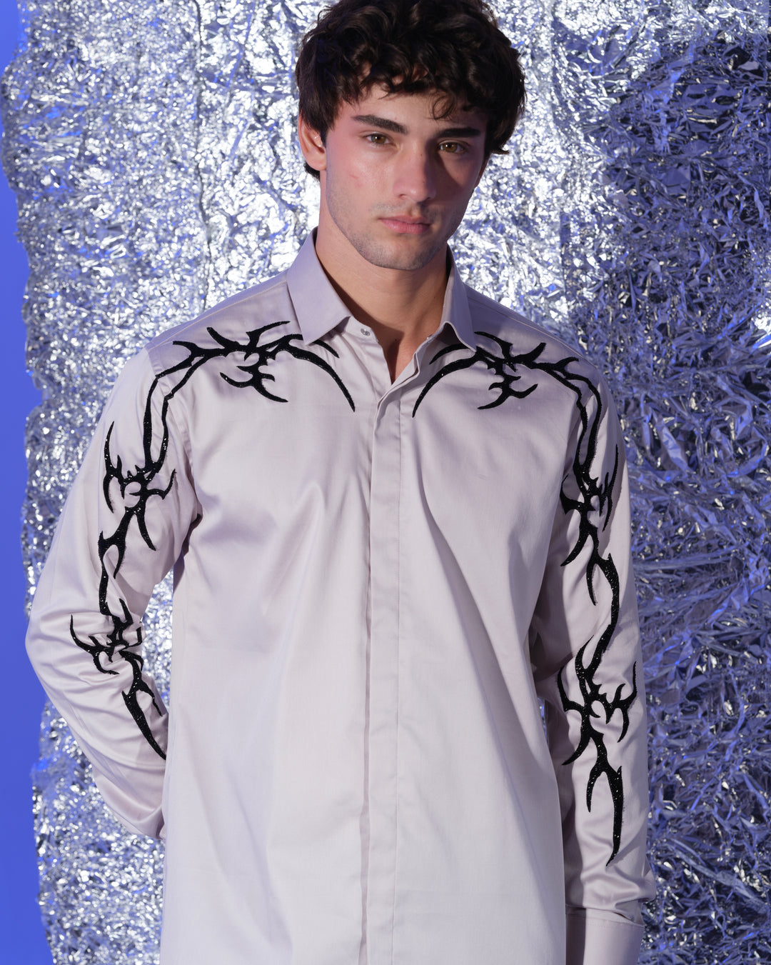 GREY SHIRT WITH HAND EMBROIDERED BLACK GOTHIK ON SHOULDER AND SLEEVES