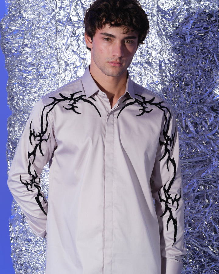 GREY SHIRT WITH HAND EMBROIDERED BLACK GOTHIK ON SHOULDER AND SLEEVES