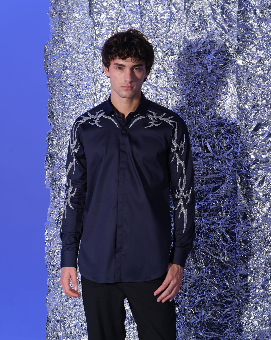 NAVY BLUE SHIRT WITH HAND EMBROIDERED SILVER GOTHIK ON SHOULDER AND SLEEVES