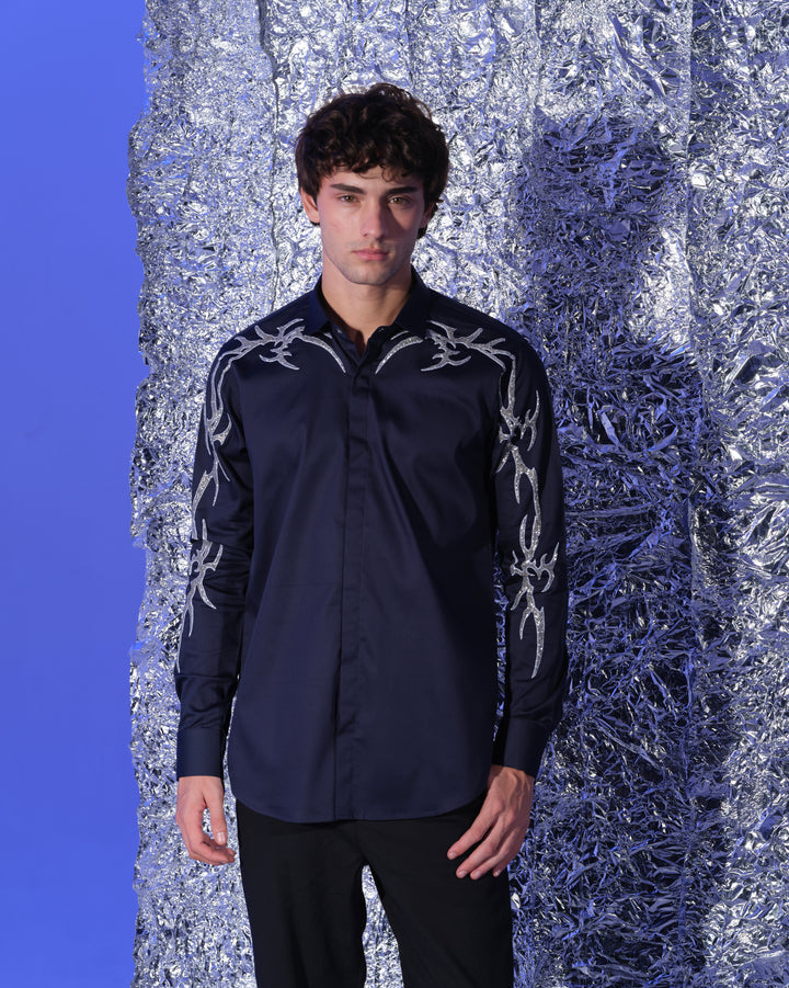 NAVY BLUE SHIRT WITH HAND EMBROIDERED SILVER GOTHIK ON SHOULDER AND SLEEVES