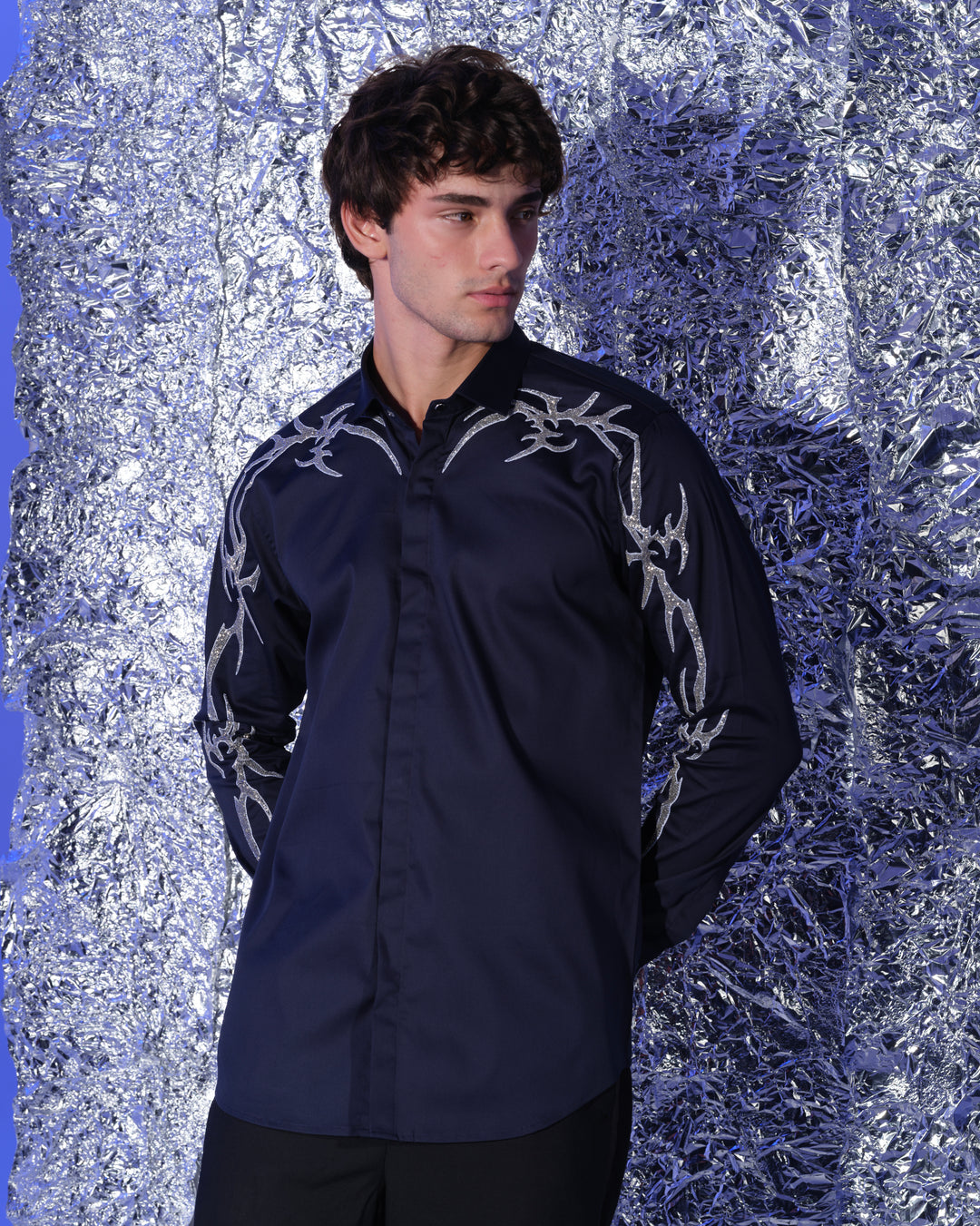 NAVY BLUE SHIRT WITH HAND EMBROIDERED SILVER GOTHIK ON SHOULDER AND SLEEVES