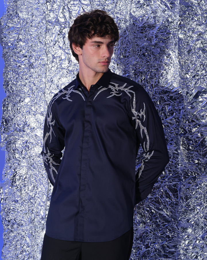 NAVY BLUE SHIRT WITH HAND EMBROIDERED SILVER GOTHIK ON SHOULDER AND SLEEVES