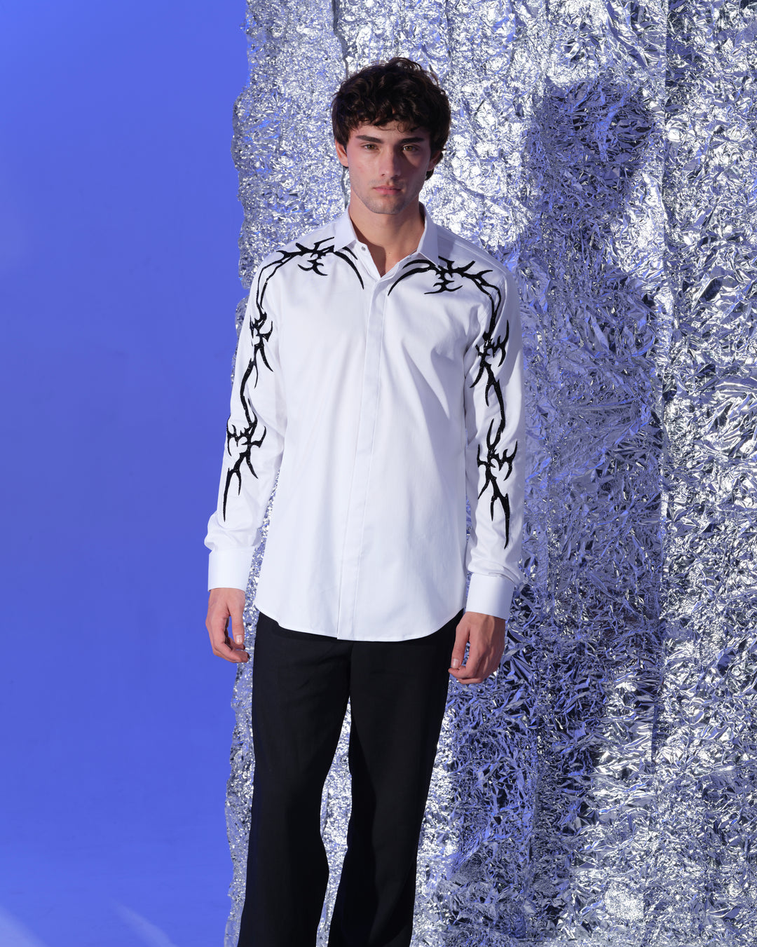 WHITE SHIRT WITH HAND EMBROIDERED BLACK GOTHIK ON SHOULDER AND SLEEVES