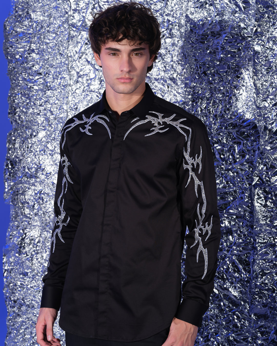 BLACK SHIRT WITH HAND EMBROIDERED SILVER GOTHIK ON SHOULDER AND SLEEVES