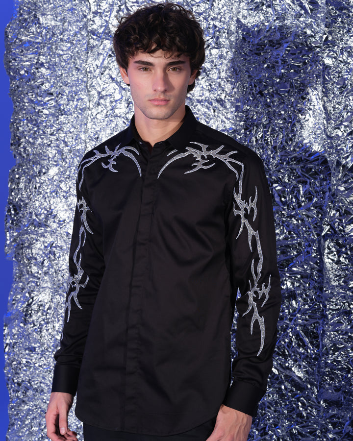 BLACK SHIRT WITH HAND EMBROIDERED SILVER GOTHIK ON SHOULDER AND SLEEVES