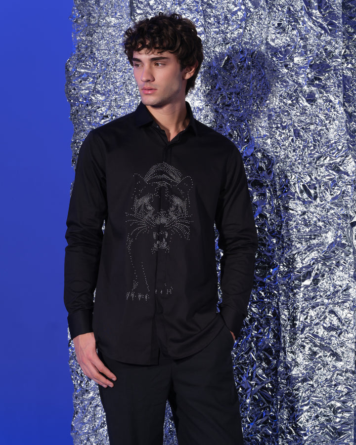BLACK SHIRT WITH HAND EMBROIDERED SILVER WALKING PANTHER