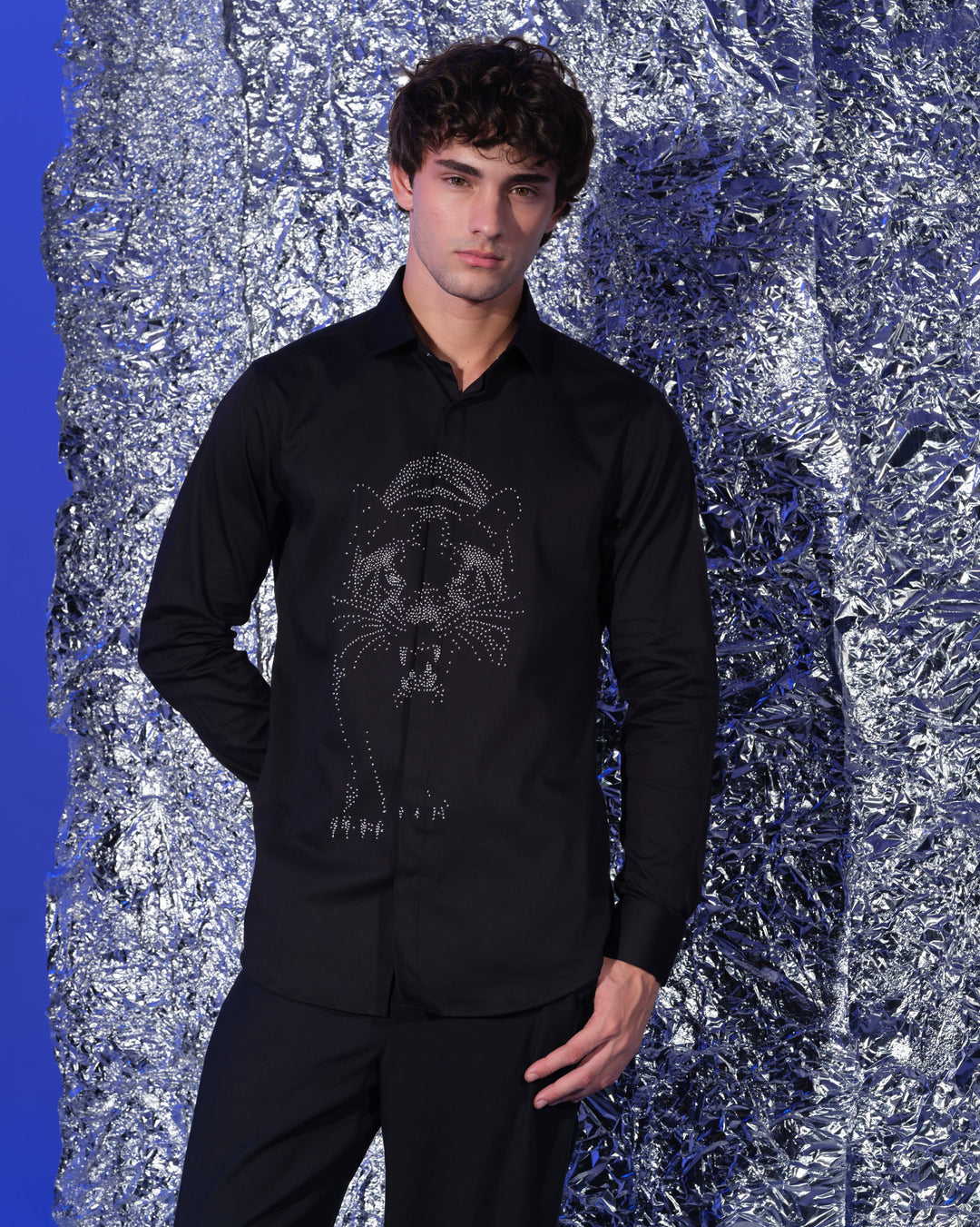 BLACK SHIRT WITH HAND EMBROIDERED SILVER WALKING PANTHER