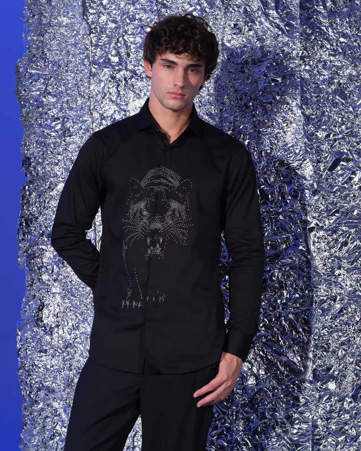 BLACK SHIRT WITH HAND EMBROIDERED SILVER WALKING PANTHER