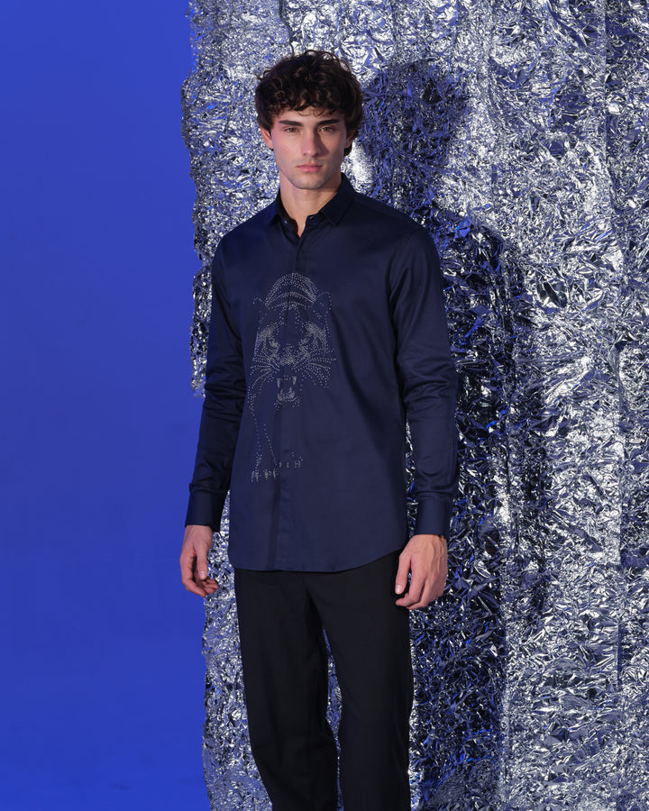 NAVY BLUE SHIRT WITH HAND EMBROIDERED SILVER WALKING PANTHER