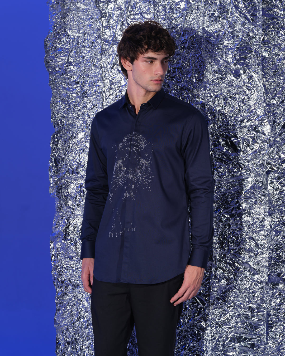 NAVY BLUE SHIRT WITH HAND EMBROIDERED SILVER WALKING PANTHER