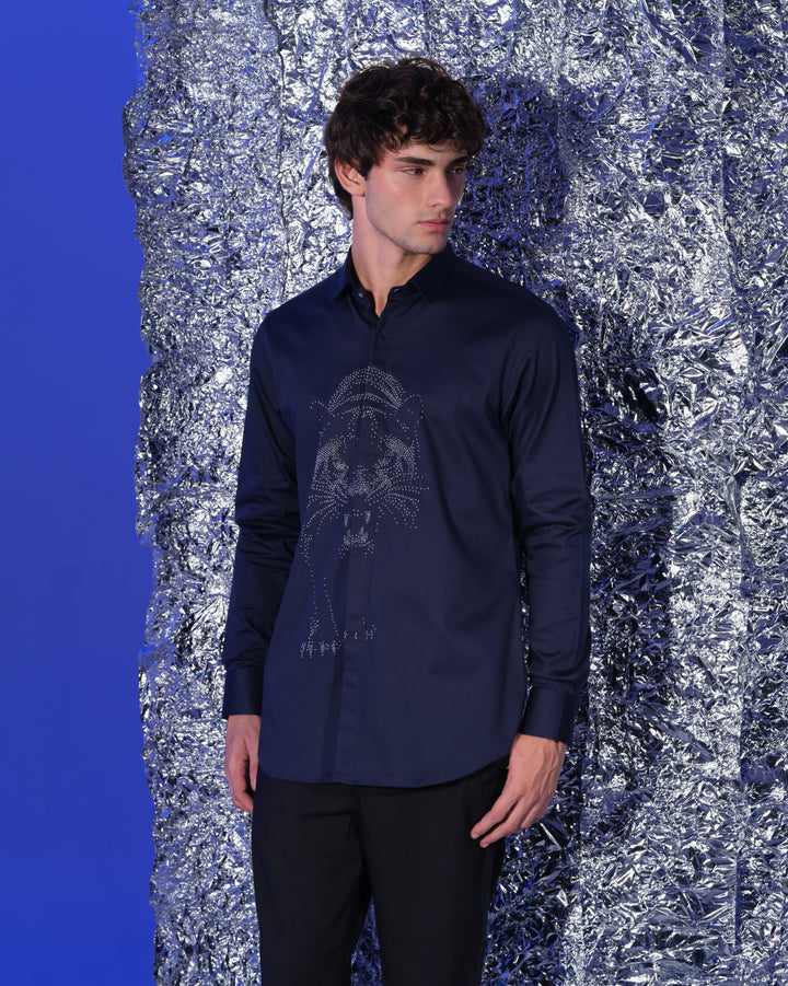 NAVY BLUE SHIRT WITH HAND EMBROIDERED SILVER WALKING PANTHER