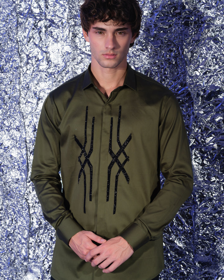 OLIVE GREEN SHIRT WITH HAND EMBROIDERED BLACK ABSTRACT CROSS DESIGN