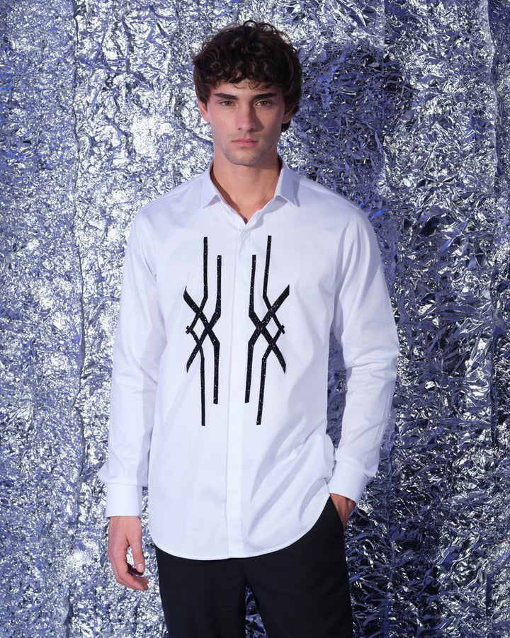 WHITE SHIRT WITH HAND EMBROIDERED BLACK ABSTRACT CROSS DESIGN