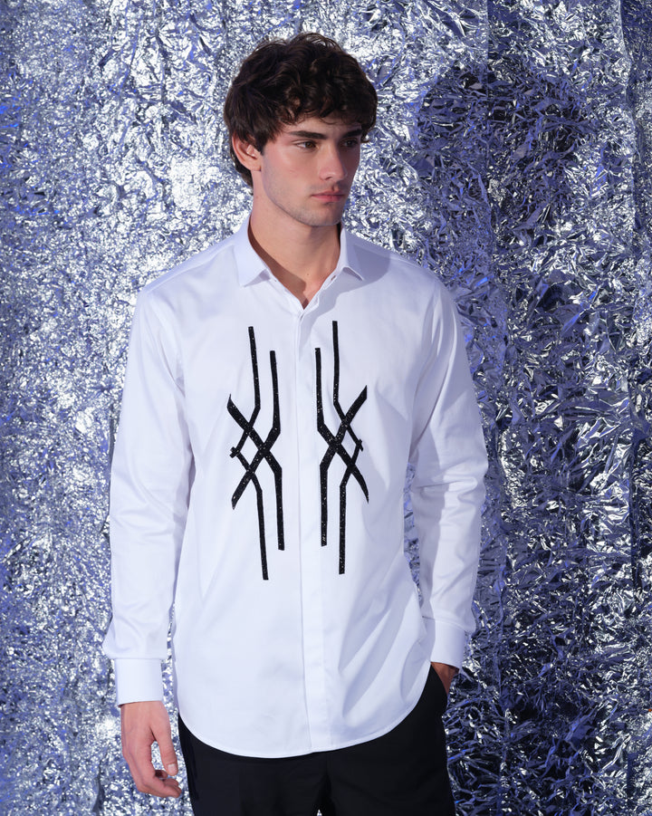 WHITE SHIRT WITH HAND EMBROIDERED BLACK ABSTRACT CROSS DESIGN