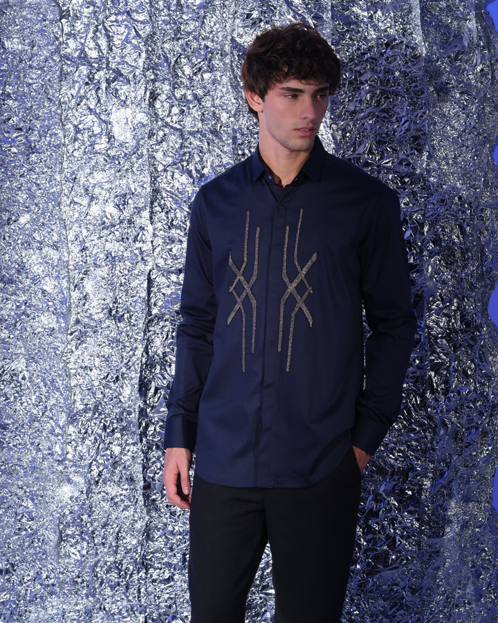 NAVY BLUE SHIRT WITH HAND EMBROIDERED GUNMETAL ABSTRACT CROSS DESIGN