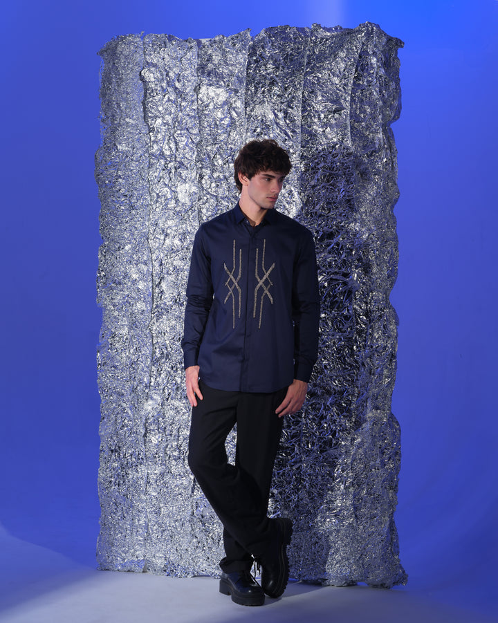 NAVY BLUE SHIRT WITH HAND EMBROIDERED GUNMETAL ABSTRACT CROSS DESIGN