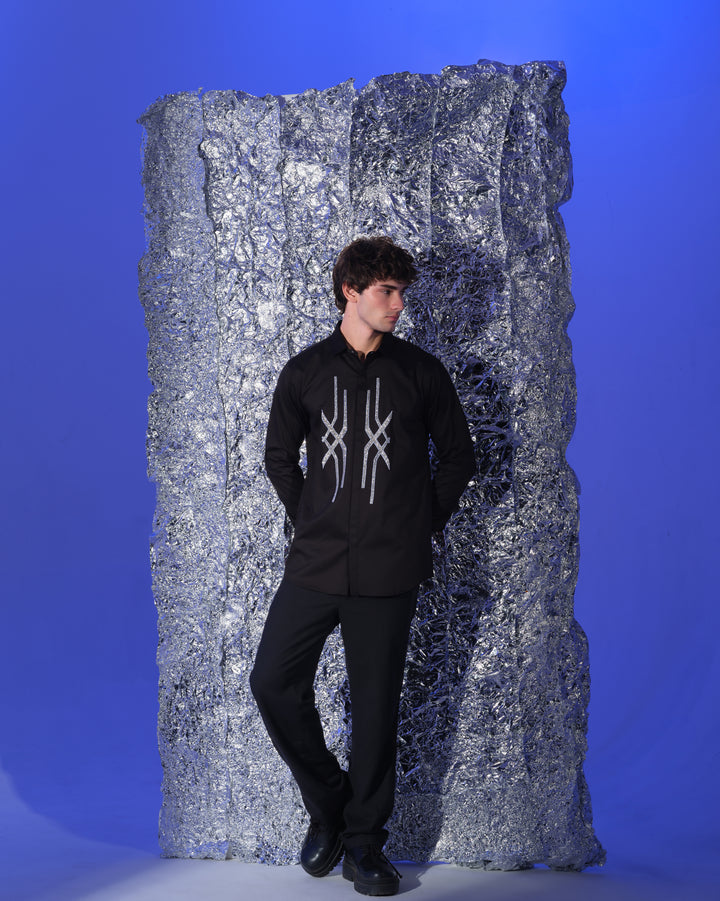 BLACK SHIRT WITH HAND EMBROIDERED SILVER ABSTRACT CROSS DESIGN
