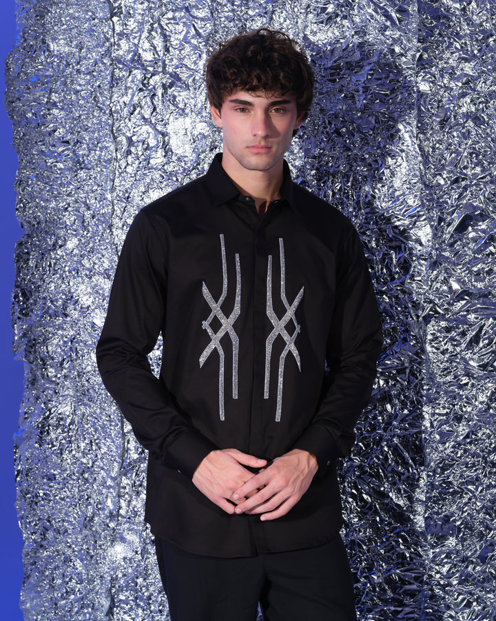 BLACK SHIRT WITH HAND EMBROIDERED SILVER ABSTRACT CROSS DESIGN