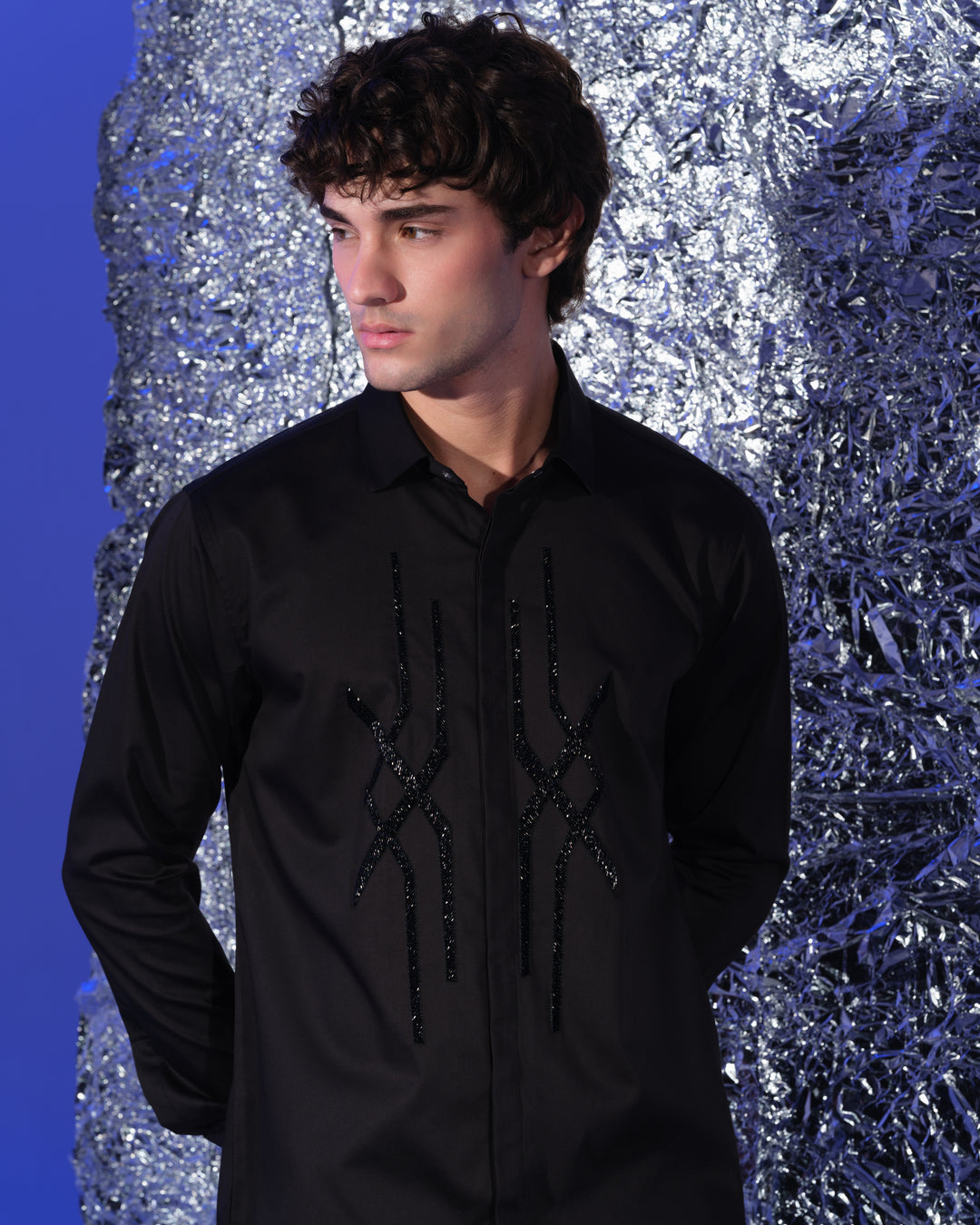 BLACK SHIRT WITH HAND EMBROIDERED BLACK ABSTRACT CROSS DESIGN